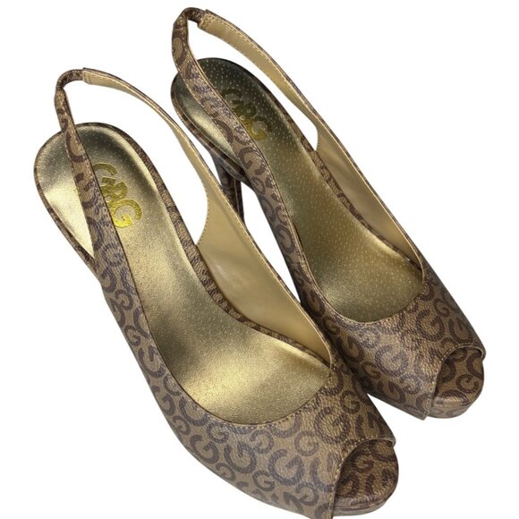 GBG Los Angeles Sophia Slingback Platform Heels Brown Gold Monogram Size 7.5 - Picture 6 of 13